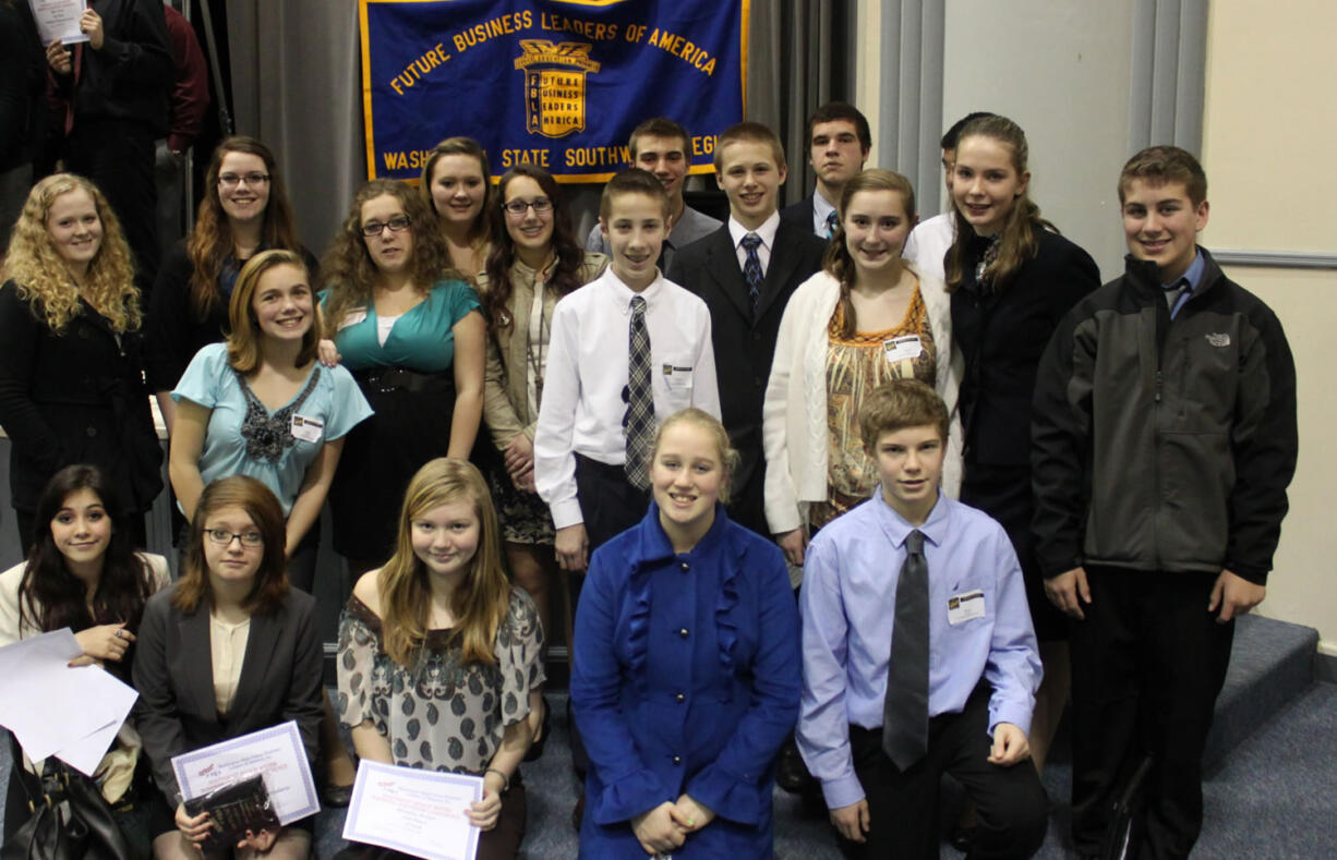 Danielle Frost/Post-Record
Jemtegaard Middle School students were all smiles at the Future Business Leaders of America regional conference at Kalama High School, where they won several awards. It is the only middle school chapter in the region, so the members compete against high school students.