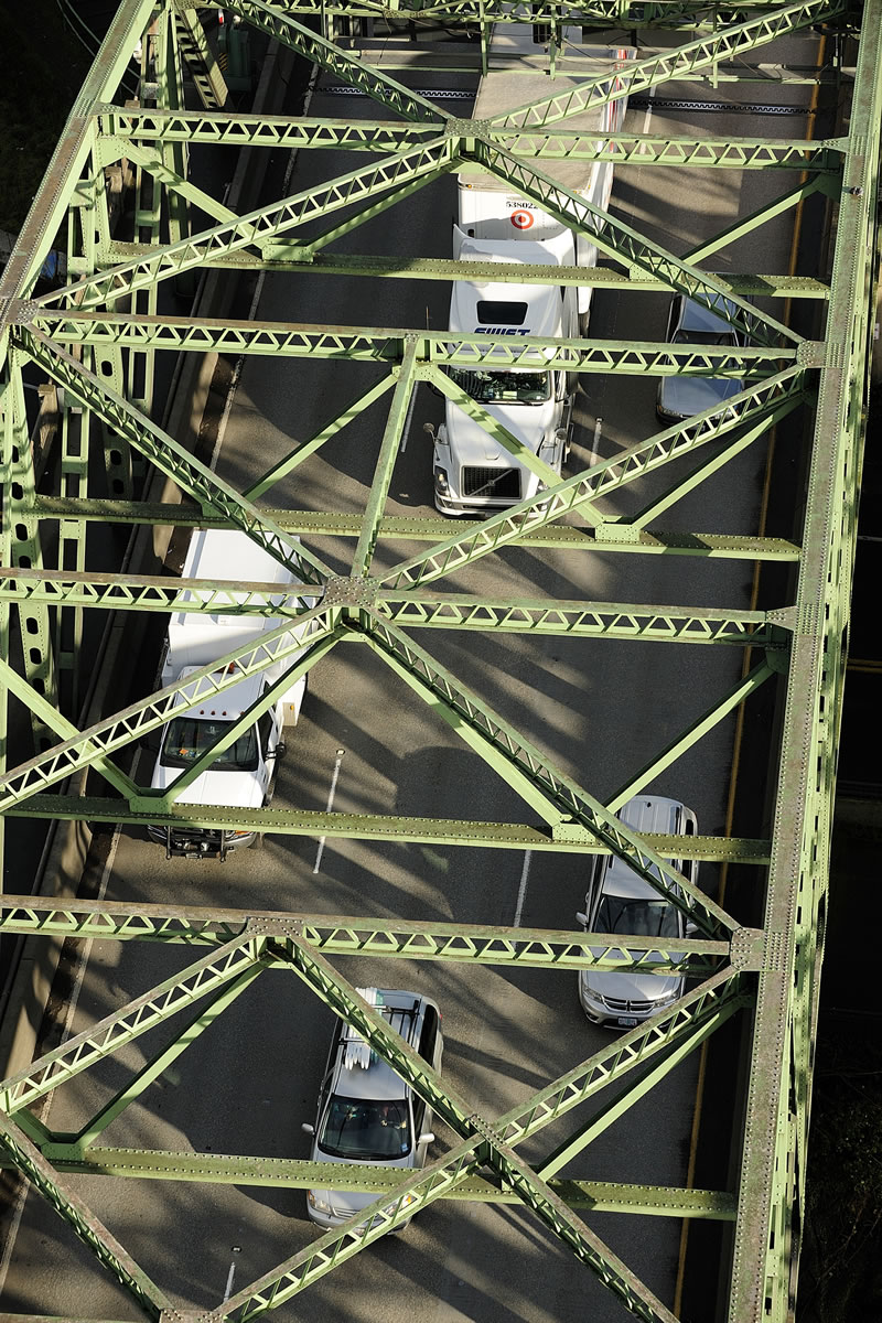 Vehicles cross the Interstate Bridge in January 2012.