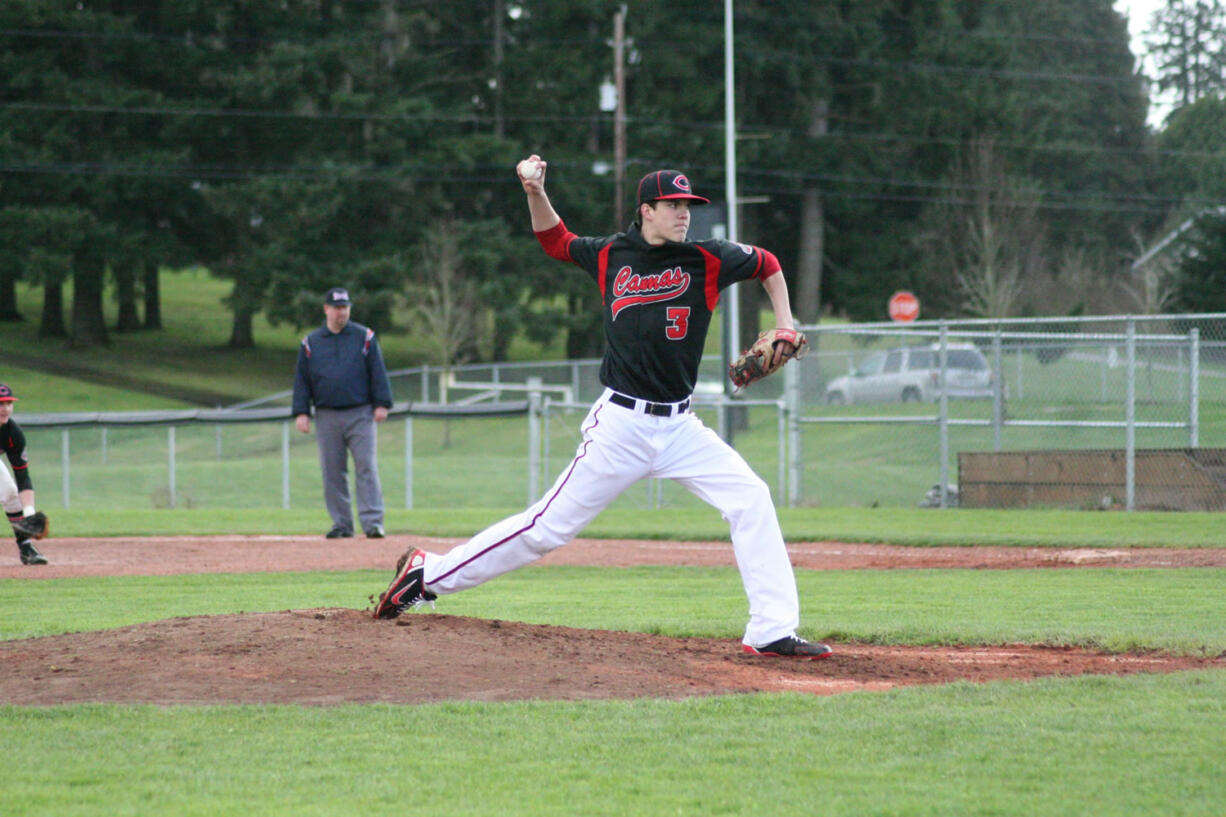 Camas High School senior Tyler Hallead fired four scoreless innings pitched before a hail storm suspended play against Skyview.