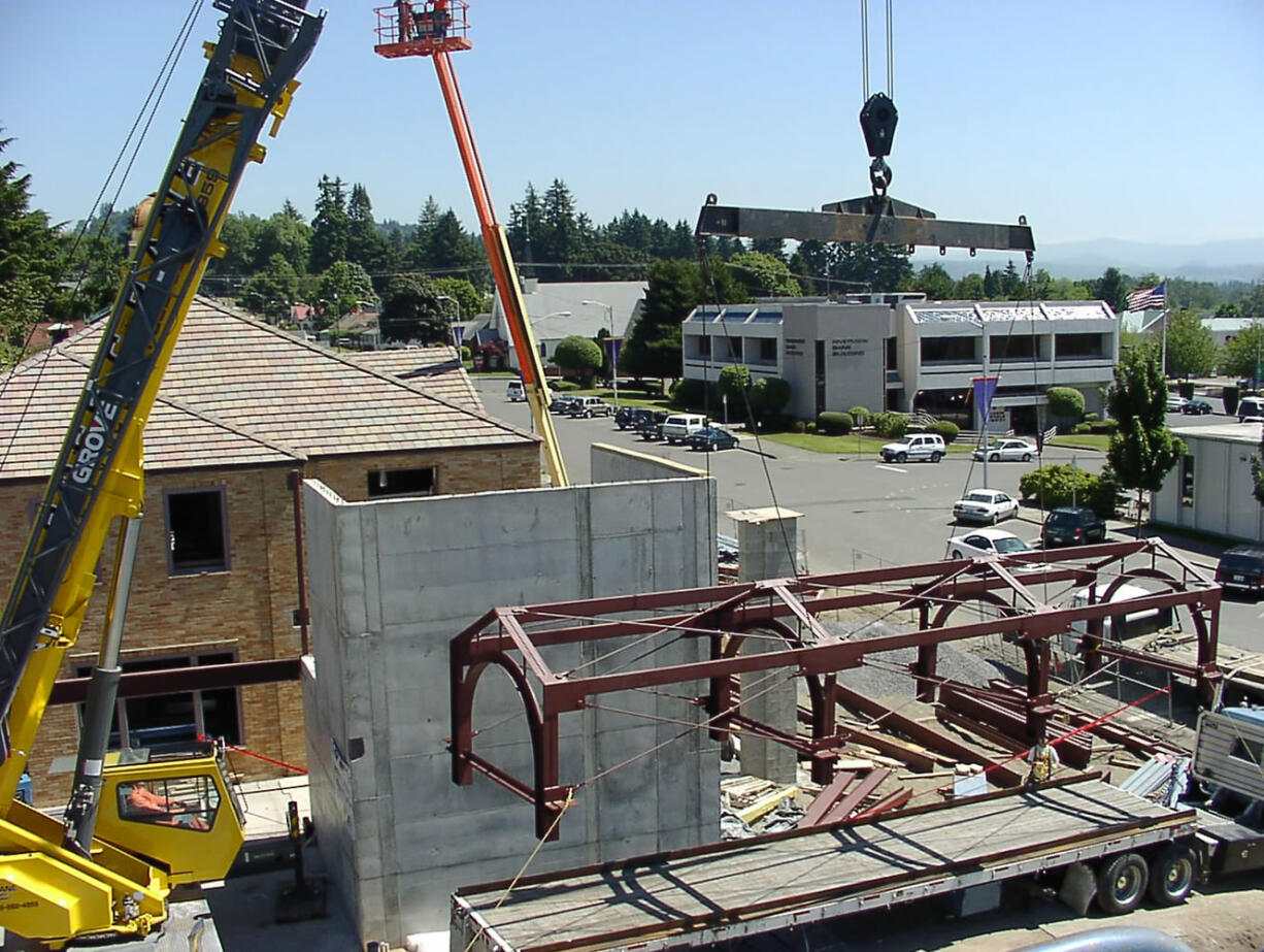 In 2002, construction crews worked to install the &quot;crystal corridor&quot; skylight inside the Camas Public Library building on Northeast Fourth Avenue. The library's remodel and new addition, funded with a $7.9 million voter approved bond, opened to the public in May 2003.