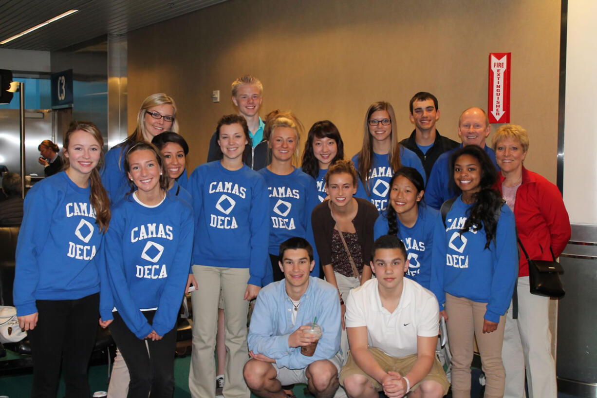 Camas DECA chapter members were are smiles at the Portland International Airport as they prepared to board a plane to attend the International Career Development Conference last month.