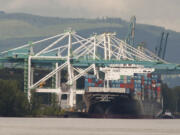 A Hanjin ship unloads at Terminal 6 in Portland.