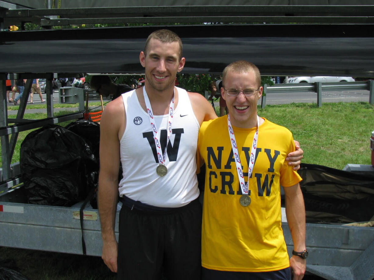 Former Vancouver Lake Crew teammates Reiner Hershaw, left, of Washington and Navy's J.C.