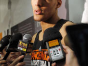 NBA draft prospect Rudy Gobert, of France, speaks with the media after a workout with the Phoenix Suns on June 5.