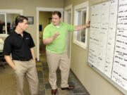 Choffy owners Jason Vanderhoven, left, and Jason Sherwood go over their schedules at their warehouse.