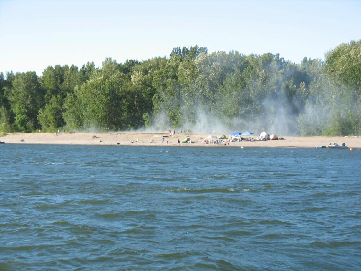 Beachgoers fight a grass fire that ignited on Bachelor Island on Thursday evening in Ridgefield.