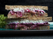 Bonnie Jo Mount/Washington Post
Beet, Caramelized Onion and Goat Cheese Sandwiches. A quick-pickled beet lends a welcome tartness to offset the rich goat cheese and sweet onions.