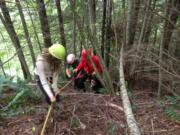 Crews, the dog owner and the dog were attached to a rope system, so they could walk up the mountain.