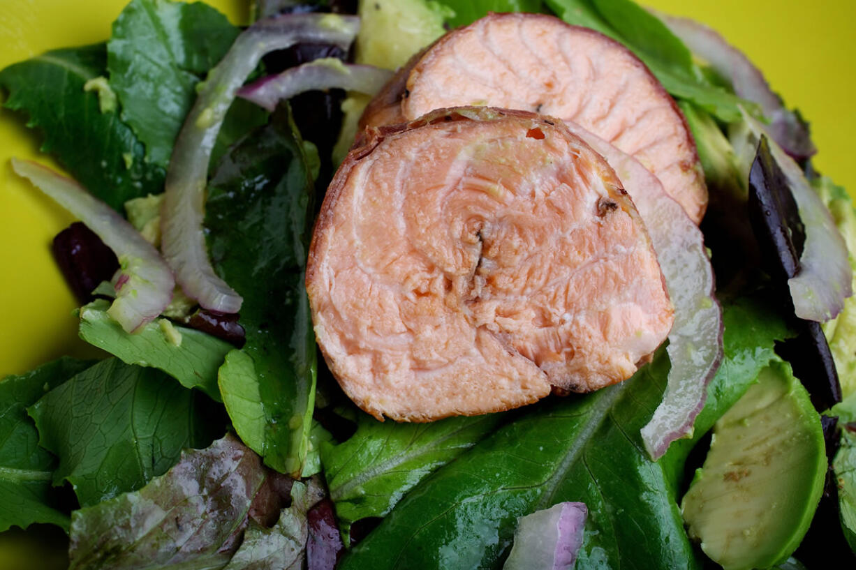 Crusted Salmon With Avocado and Red Onion Salad.