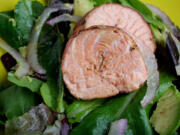 Crusted Salmon With Avocado and Red Onion Salad.