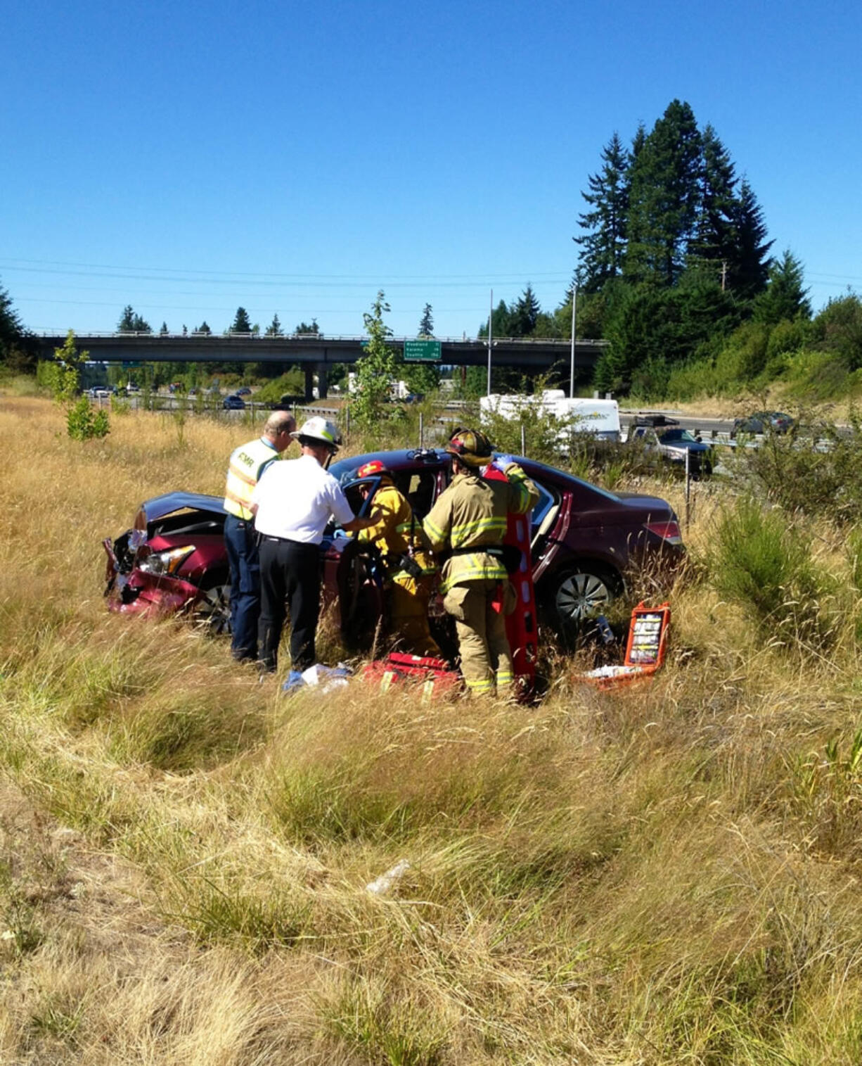 This Honda sedan left the roadway after it was struck by a Toyota minivan Thursday afternoon in Ridgefield.