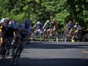 Racers in the Category 3 Men division turn south on Franklin Street during the 2012 Courthouse Crit.