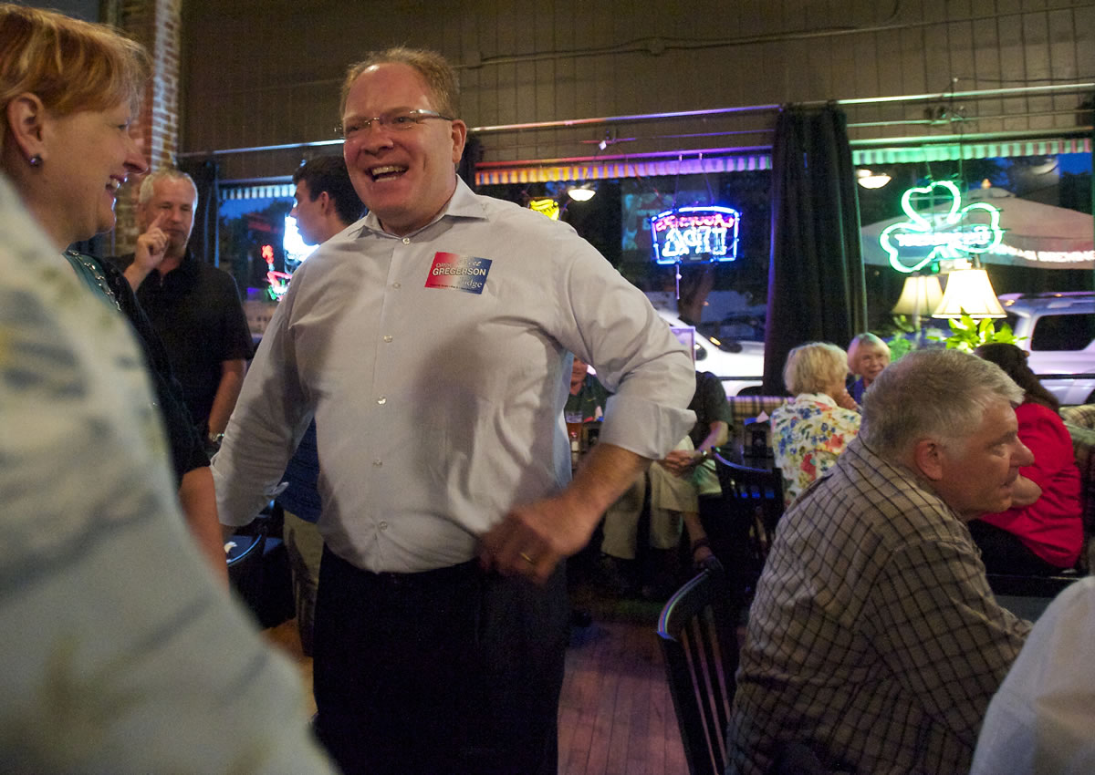 David Gregerson, pictured here at a campaign party Tuesday night, beat Clark County Superior Court Judge John Wulle after mounting an aggressive campaign.