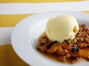 Grilled Peach Cobbler With Sage Sweet Corn Ice Cream.