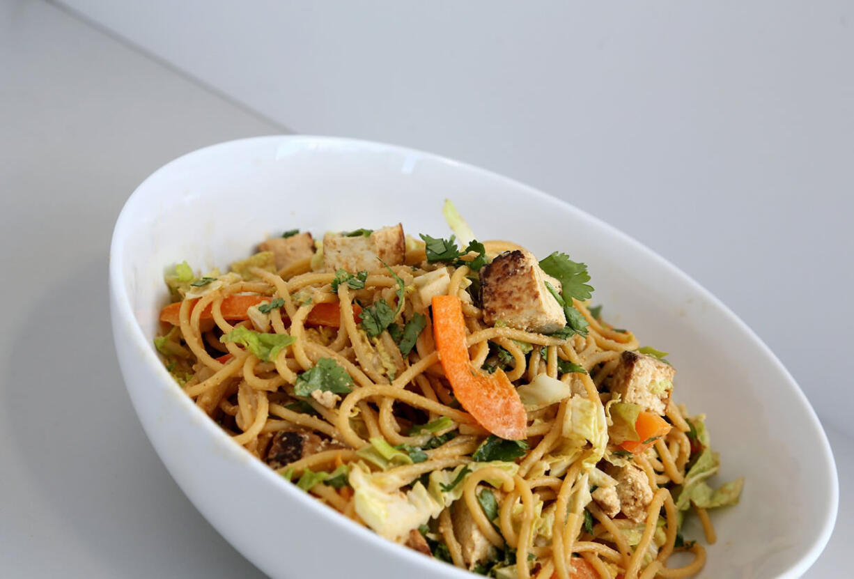 Roasted tofu and veggie spaghetti make up this pasta salad.