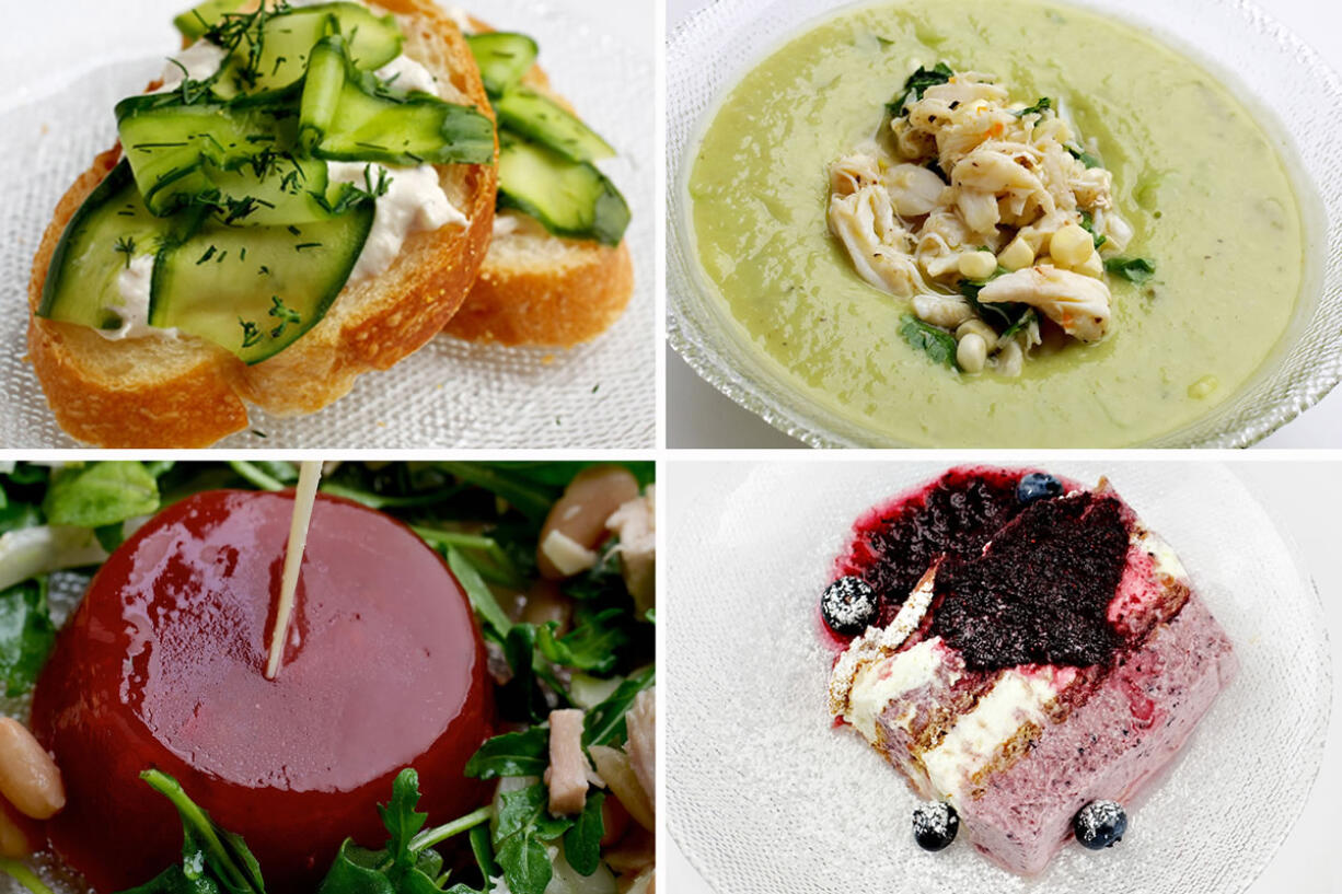 Here are recipes that can be accomplished without the stove or microwave: clockwise from top left, Smoked Trout Pate With Creme Fraiche and Dill Cucumber Strips, Chilled Avocado and Melon Soup With Spicy Crab-Corn Salad, Italian Chicken Salad With Fennel, White Beans and Heirloom Tomato Aspic and Blueberry and Lemon-Cream Icebox Cake