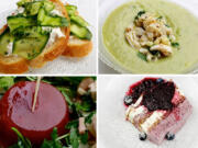 Here are recipes that can be accomplished without the stove or microwave: clockwise from top left, Smoked Trout Pate With Creme Fraiche and Dill Cucumber Strips, Chilled Avocado and Melon Soup With Spicy Crab-Corn Salad, Italian Chicken Salad With Fennel, White Beans and Heirloom Tomato Aspic and Blueberry and Lemon-Cream Icebox Cake