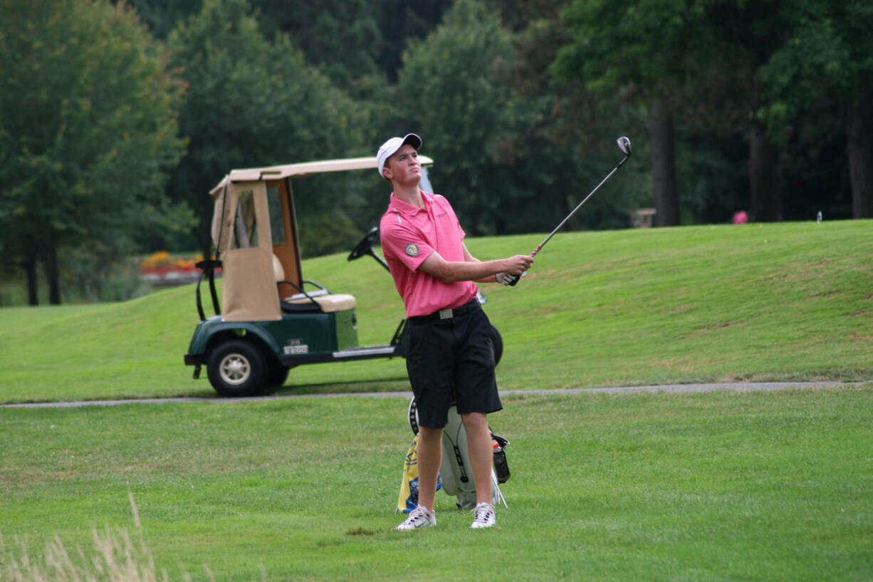 Brian Humphreys watches his chip shot land on the 15th green during the Hogan Cup Saturday, at Riverside Golf and Country Club.