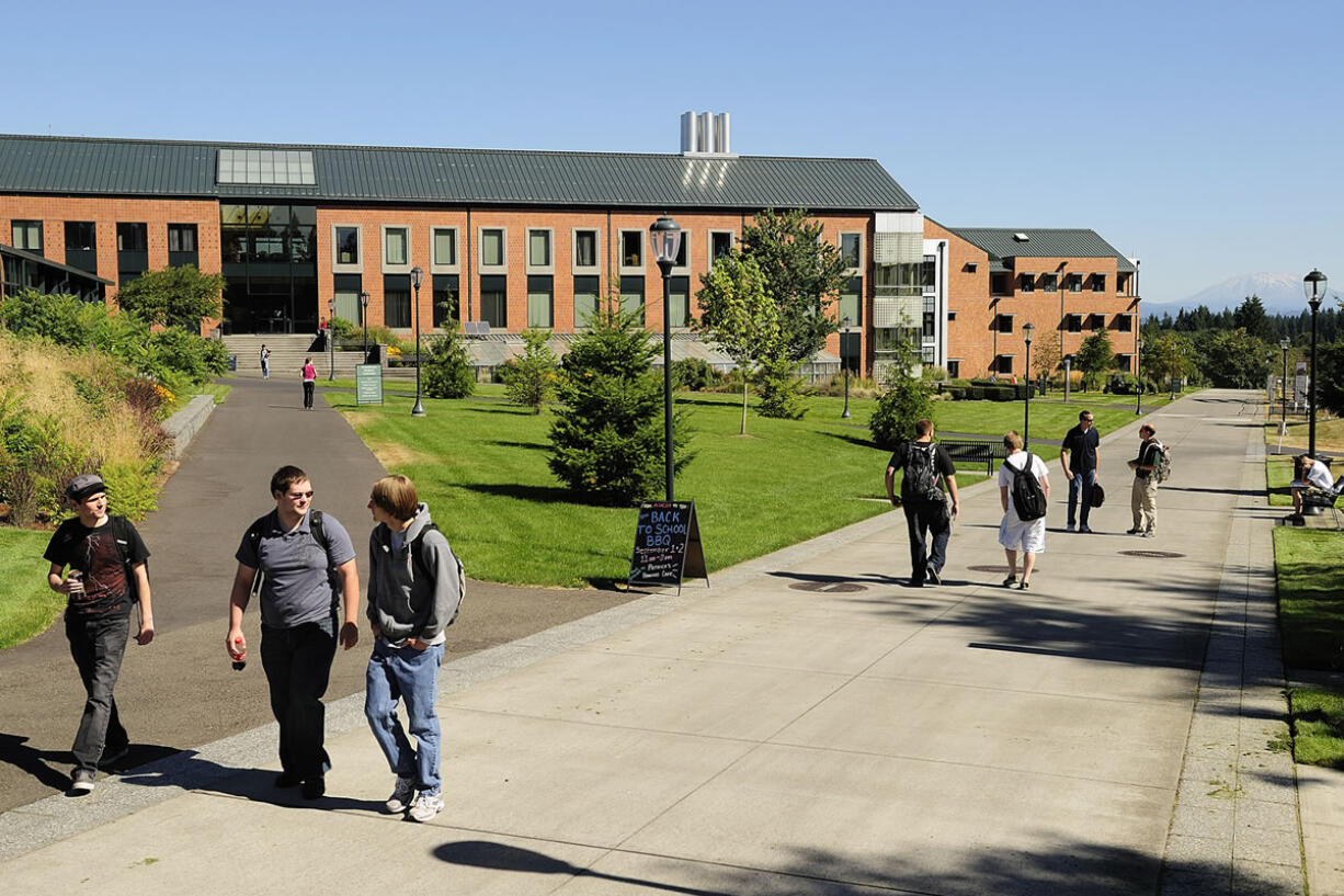 Students make their way between classes at Washington State University Vancouver at the start of the 2010 school year.