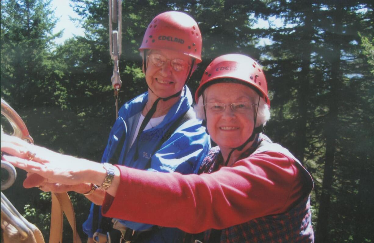 Lois Schroeder (right) and Carol Phillips (left) recently celebrated their 80th birthdays by going on a zip line tour with three of their friends. Both admitted that they were scared at first, but those feelings quickly subsided.