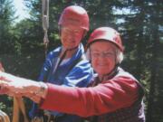 Lois Schroeder (right) and Carol Phillips (left) recently celebrated their 80th birthdays by going on a zip line tour with three of their friends. Both admitted that they were scared at first, but those feelings quickly subsided.