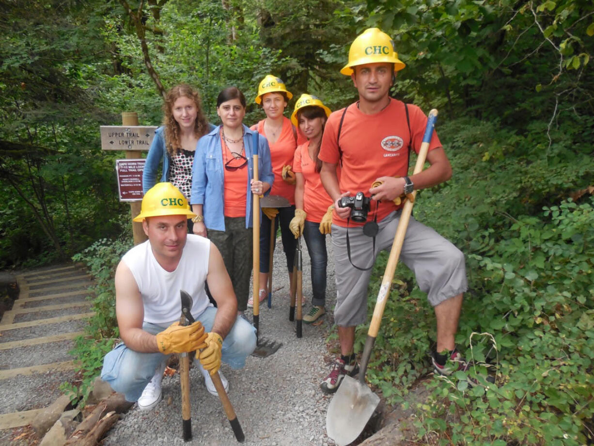 Visitors from the sovereign state of Georgia, located at the crossroads of Western Asia and Eastern Europe, spent time doing volunteer work at the Cape Horn Trail.