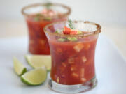 Fire roasted tomato gazpacho is a cool soup for summer.