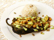 Roasted Chiles Rellenos With Avocado Sauce.