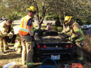 Firefighters had to cut the top off of a Lotus sports car when it drove up an embankment and crashed into a tree in Ridgefield on Wednesday afternoon.