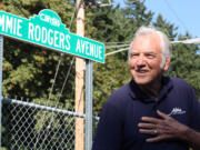 Singer, actor and television personality Jimmie Rodgers was back in his hometown of Camas on Friday to take part in the dedication of a street being named in his honor. Jimmie Rodgers Avenue is the new honorary street name for Northwest 10th Avenue in the Forest Home neighborhood, where Rodgers lived from from 1939 to 1957. Rodgers, who turns 80 years old next week, was greeted by dozens of friends, family and fans who turned out for the event. On Saturday, Rodgers will be at the Ballard and Call Fine Art Gallery in downtown Camas, where he will sign copies of his book, &quot;Dancing on the Moon,&quot; from noon until sundown. Look for an article and additional photos from today's event in the Sept.