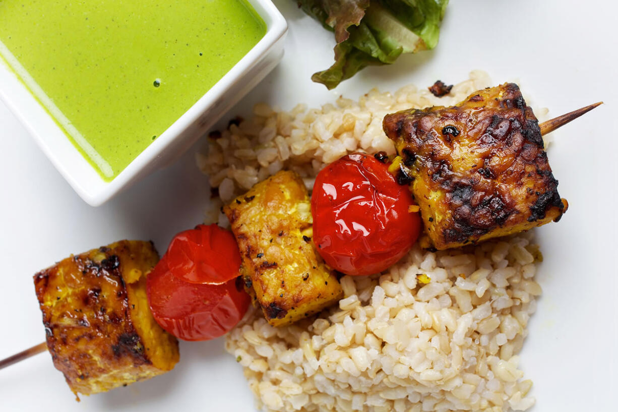 Tempeh Kebabs With Minty Cilantro-Lime Sauce.