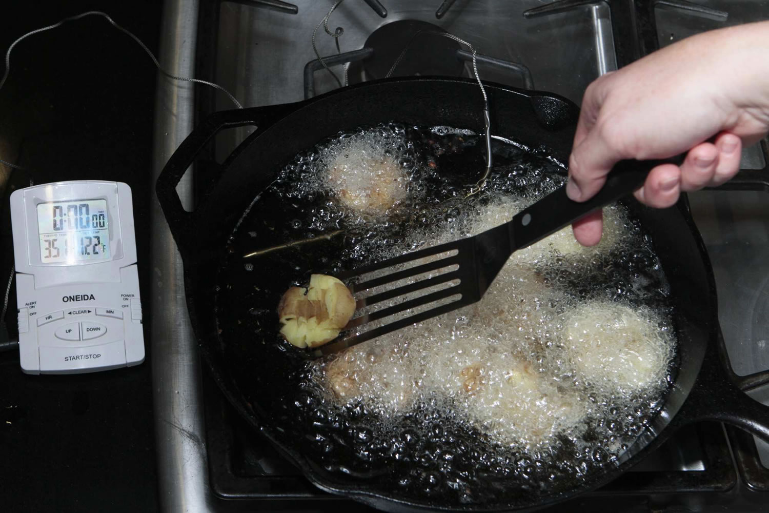 The third step is to pan-fry them in a shallow layer of oil, just until the outer layer is richly golden.