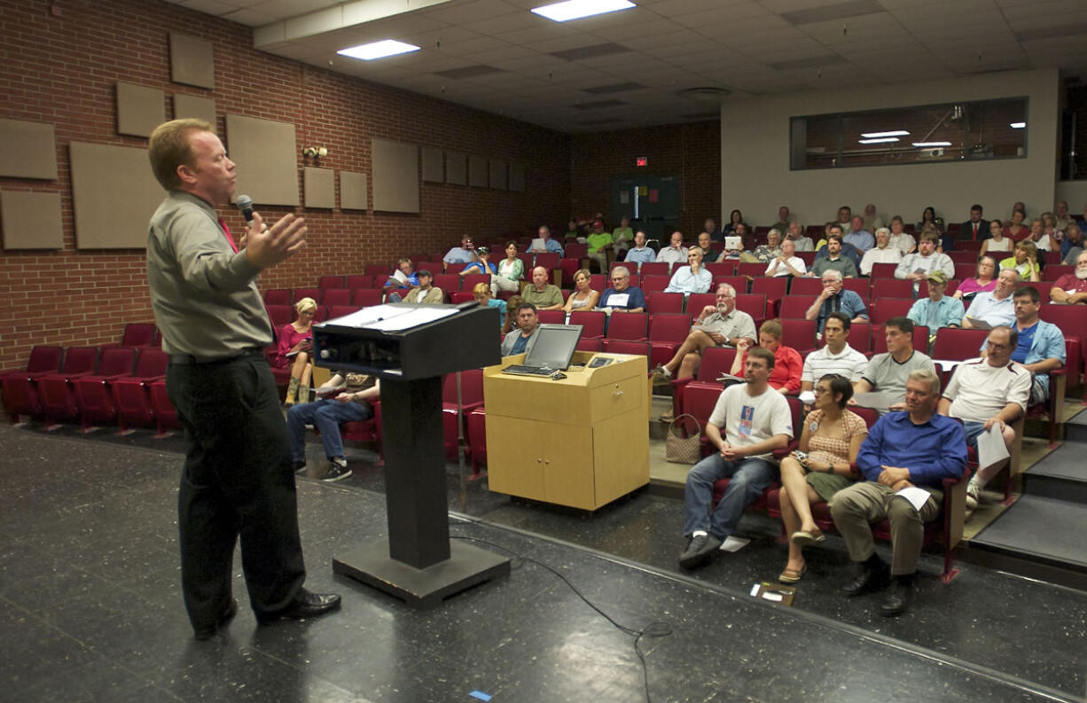 Christian Berrigan leads a PCO Liberty Alliance strategy meeting inside Foster Auditorium at Clark College in September 2012.