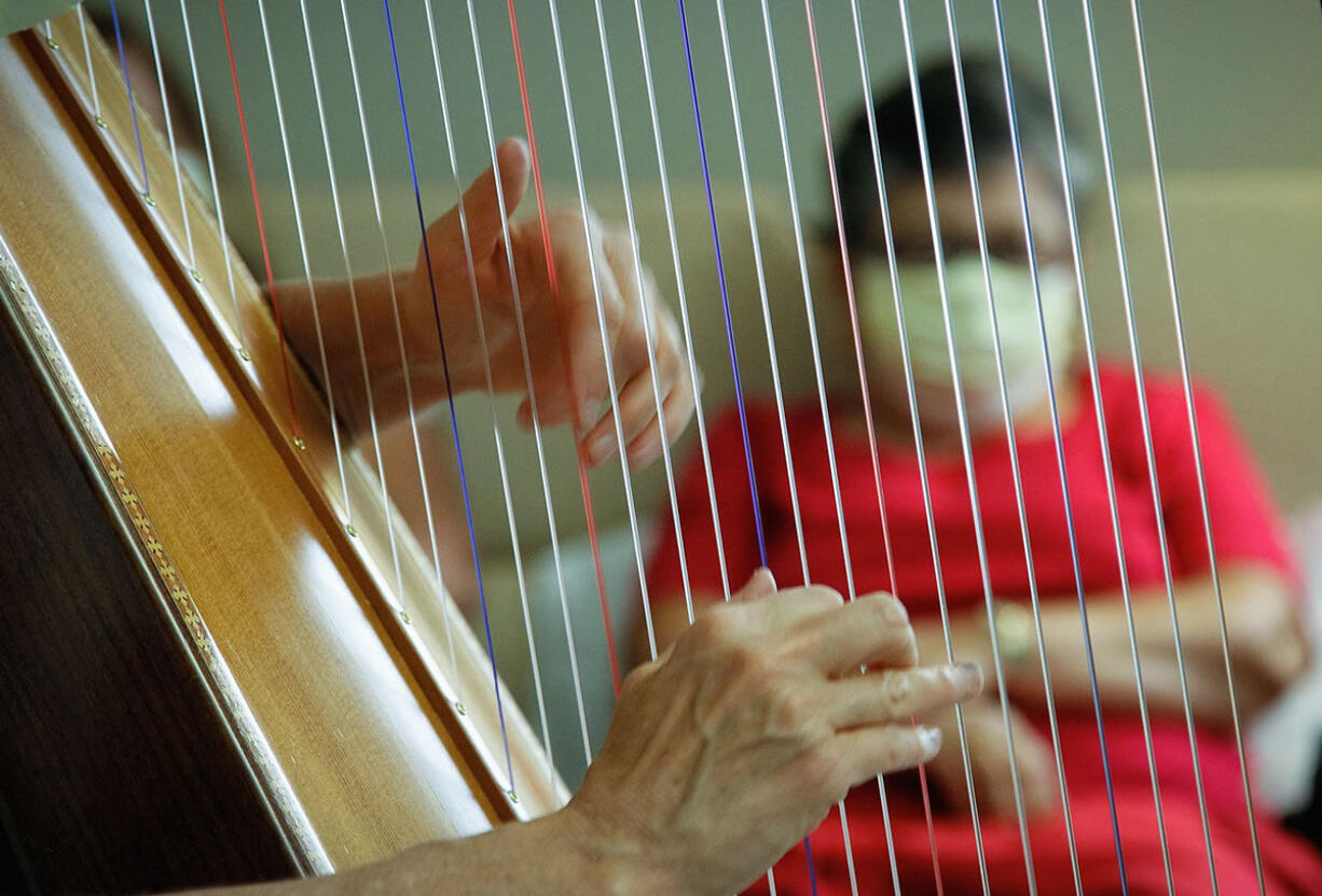 Annie Burgard, left, plays the harp and sings for a patient and his family in his room at Palmetto Health Richland in Columbia, S.C.