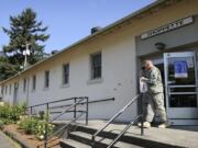 Army reservists walk out of the Vancouver Barracks shoppette in May 2010.