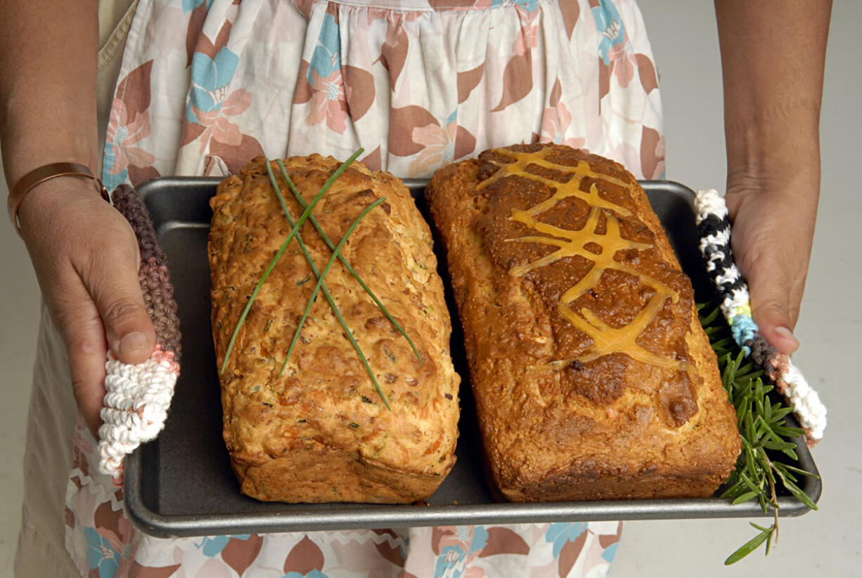 Quick breads -- Iozza's Corn and Bacon Loaf, left, and Praline-Apple Bread -- are just what the name implies: Mix, bake, take and share relying on baking soda or baking powder for rise instead of waiting for yeast.