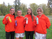 Danielle Frosrt/Post-Record
Karina Miller, Paige Roberts, Meredith Collins and Hannah Wright (left to right) show off their top 10 ribbons. These four girls helped the Panthers win the league championship race Thursday.