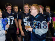 Hockinson senior Colton Viola after being presented a letterman's jacket on Friday, Oct.