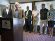 Washington State representative Paul Harris, R-Vancouver, speaks at a press conference with business and labor leaders who support terminal expansions that encourage growth in trade Thursday in Vancouver.