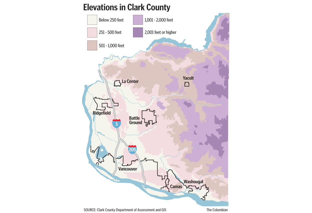 Click the image below to enlarge this map of elevations in Clark County.