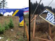 Campaign signs for Republican candidate Brandon Vick were cut and torn down along Interstate 5 in the Salmon Creek area.