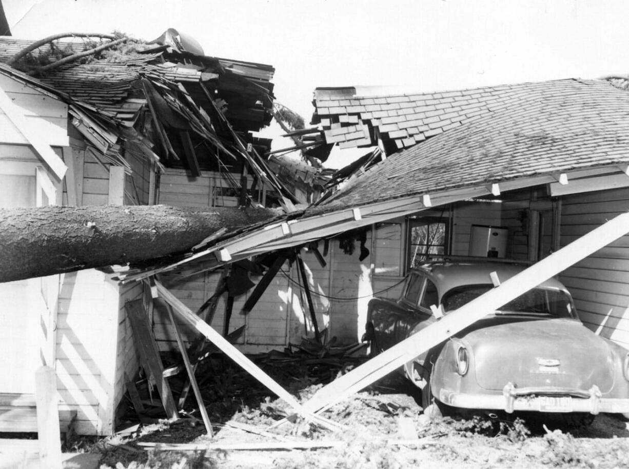 A namesake tree at Fir Grove Motor Court at 46th and Main streets crashed through a garage roof.