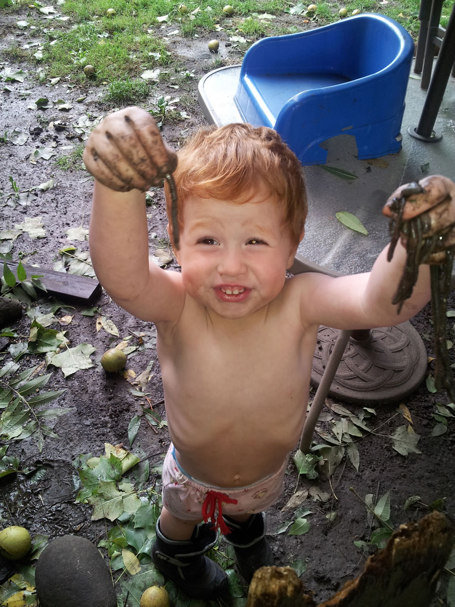 Hazel Dell: Two-year-old Layne Thomas Kramer holds up some friends he dug up following a rain storm on Sept.