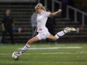 Columbia River's Maddie Reynolds takes a shot Wednesday in the first half of Columbia River's 2-1 win over Seattle Prep in the 4A girls playoff match at Kiggins Bowl.