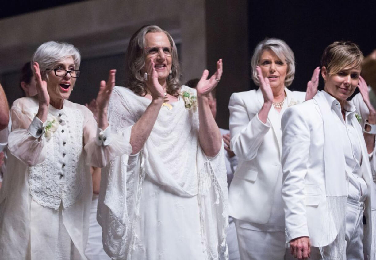 Judith Light, left, Jeffrey Tambor, second from left, and Melora Hardin, right, attend a wedding in the first episode of the second season of &quot;Transparent.&quot; (Jennifer Clasen/Amazon Studios)