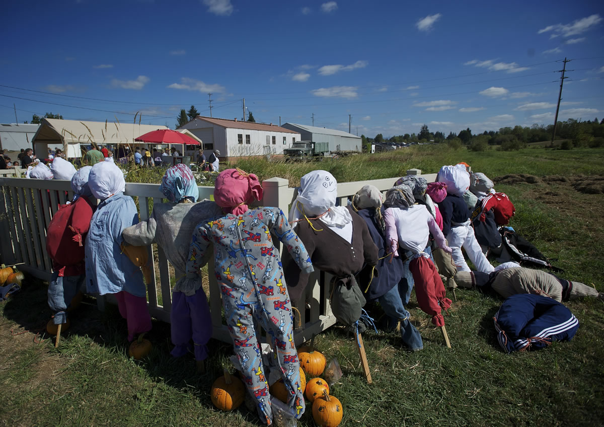 Scarecrows made by visitors stand against a fence at the 9th Annual Harvest Fun Day at Heritage Farm on Saturday.