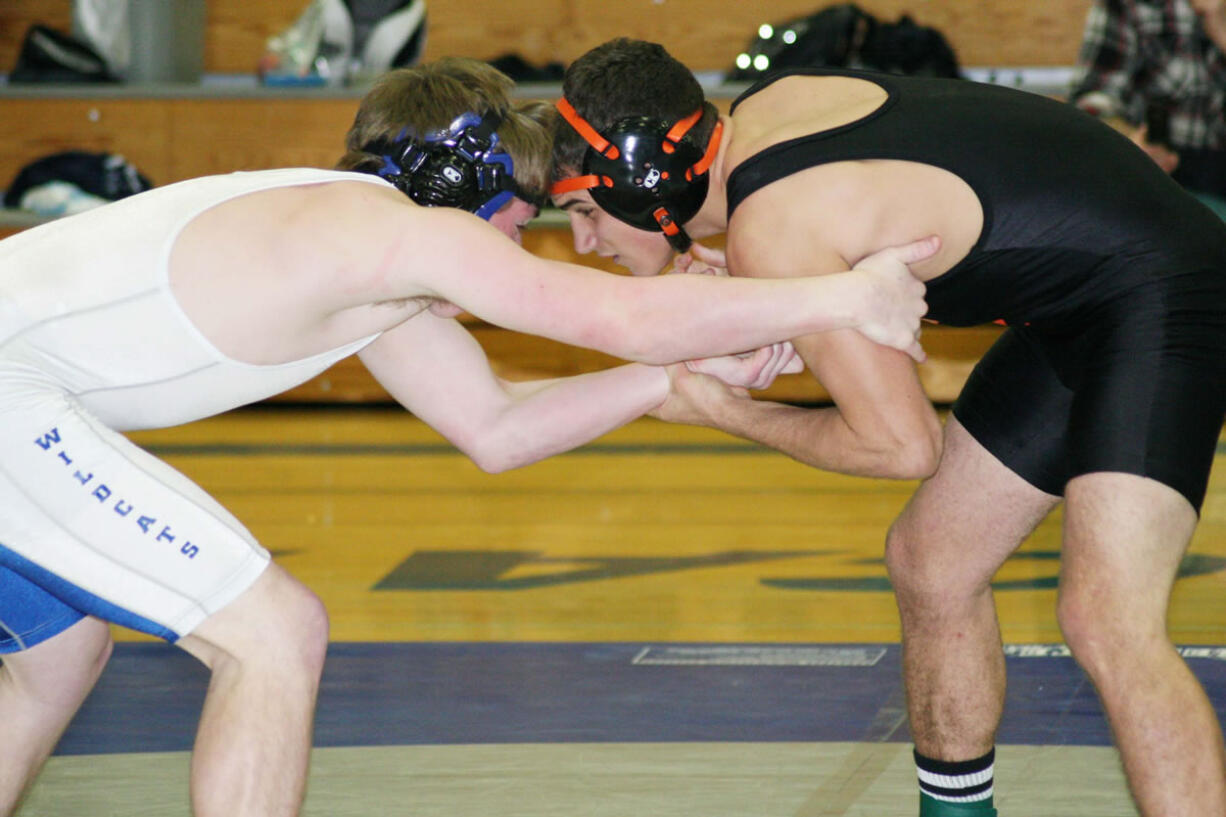 Sophomore Tanner Baldwin (right) snagged two victories for the Washougal wrestling team Friday, at La Center High School.