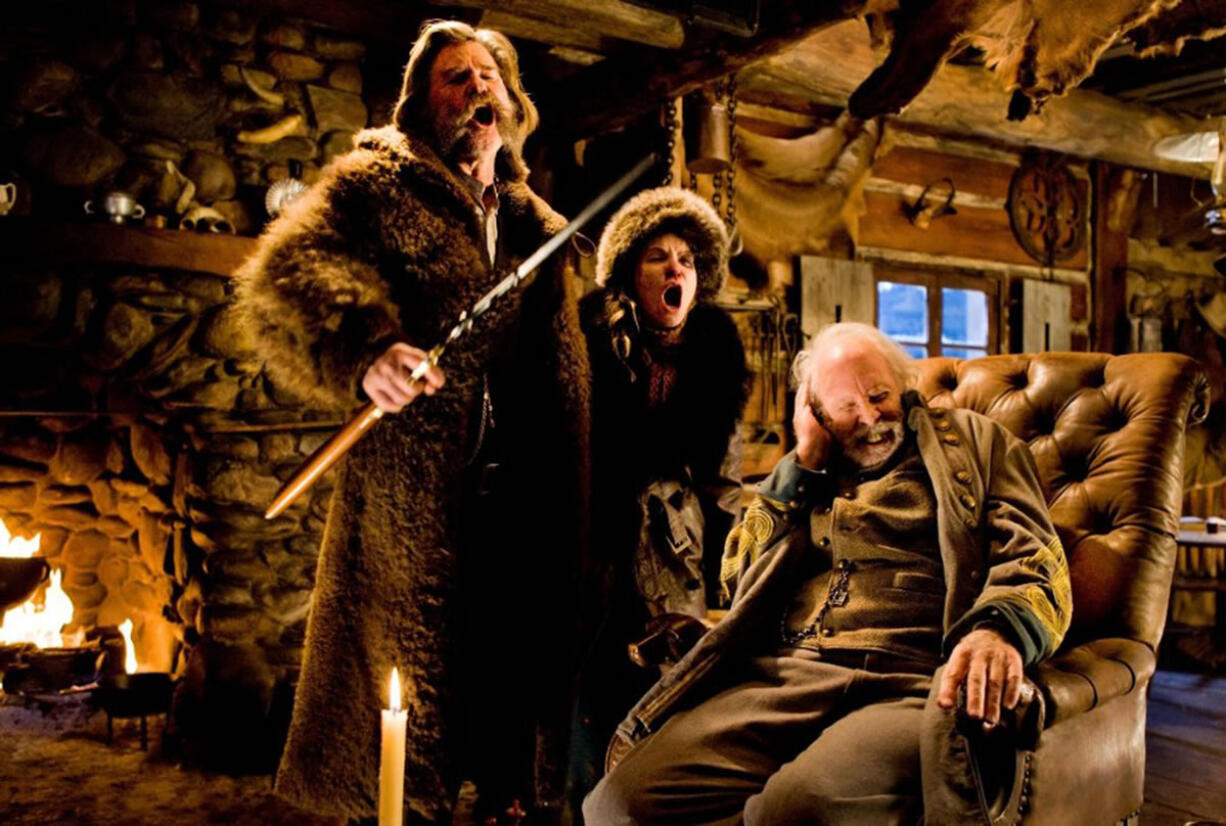 Kurt Russell, from left, Jennifer Jason Leigh and Bruce Dern in a scene from the film, "The Hateful Eight." (Andrew Cooper/The Weinstein Company via AP)