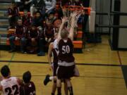 Michael McElory climbs the bean stalk and scores a basket for the Washougal boys basketball team.