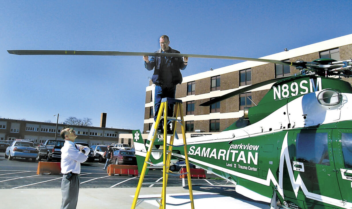 Parkview Samaritan helicopter pilot Brad Wilson checks the rotor blade for damage after being struck by a bird while flying in 2004, a mile from Community Hospitals of Williams County, in Bryan, Ohio, the destination landing pad to transport a patient. Reports of helicopter bird strikes are up dramatically in recent years, including incidents that damage the aircraft and create the potential for crashes, according to the Federal Aviation Administration. In 2013, there were 204 reported helicopter bird strikes, a 68 percent increase from 2009 when there were 121 reports and an increase of over 700 percent since the early 2000s, said Gary Roach, an FAA helicopter safety engineer.